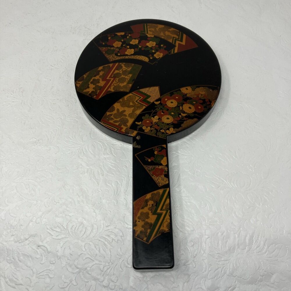 VTG Otagiri Nesting Double Hand Mirror Handles Black Lacquer 11” Diameter  Japan